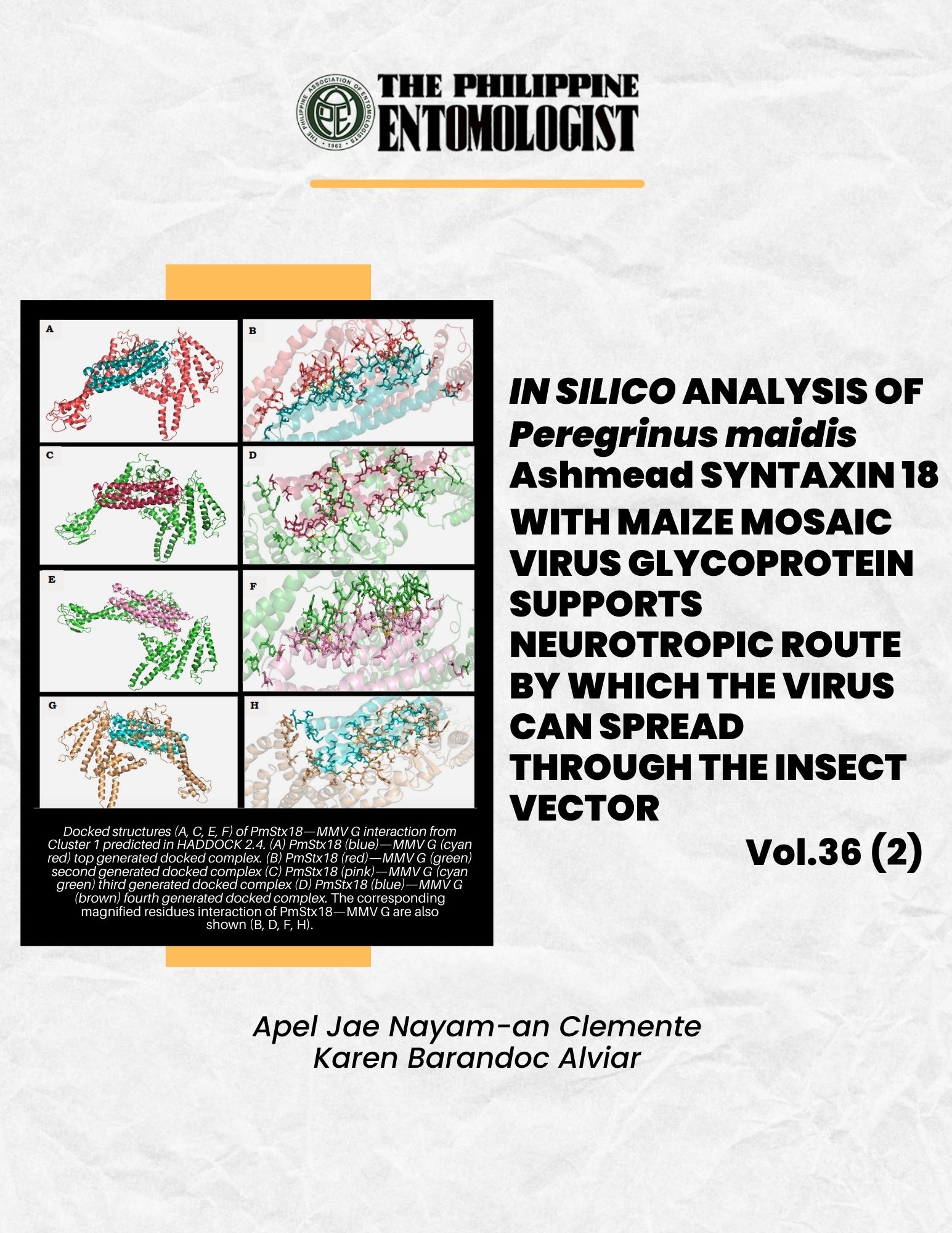 IN SILICO ANALYSIS OF Peregrinus maidis Ashmead SYNTAXIN 18 WITH MAIZE MOSAIC VIRUS GLYCOPROTEIN SUPPORTS NEUROTROPIC ROUTE BY WHICH THE VIRUS CAN SPREAD THROUGH THE INSECT VECTOR